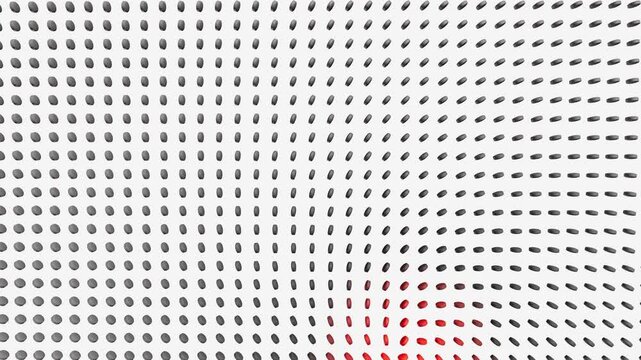 Small gray cylinders rotate outward from a red focal center across a white grid surface in a 3D motion background