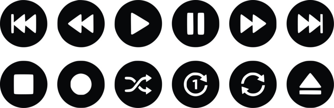 Set of black round media player navigation buttons and playback interface controls with interface icons UI design user interface web elements video controls music controls button set app design