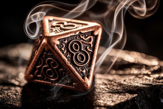 Macro shot of copper eight sided d8 dice on dark stone. Wisps of white smoke swirl around metallic polyhedron. Fantasy tabletop RPG game piece rests in mysterious atmosphere. Metal gaming object used