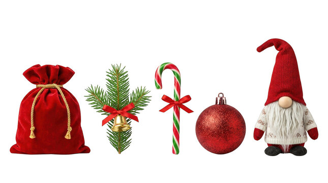 Set of cute christmas decorations featuring a red gift bag, festive pine branch, candy cane, shiny bauble and a small gnome figure for holiday design projects