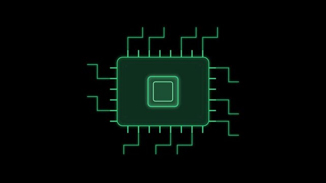 Modern green cpu chip icon on dark background