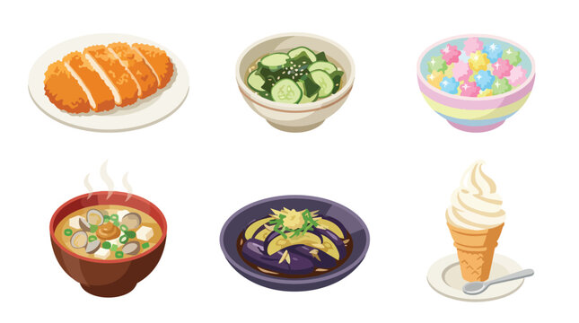 Flat Illustration Set of Six Japanese and Asian Dishes and Desserts