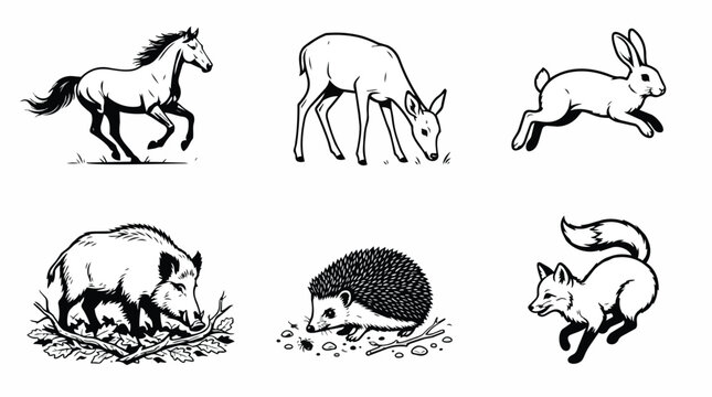 Flat Illustration Set of Six Wild Animals in Black and White