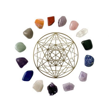 Sacred Geometry Symbol with Colorful Tumbled Gemstones in a Circle