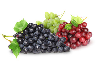 Naklejka premium Bunches of red, green and black grapes isolated on white