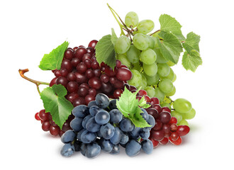 Naklejka premium Red, green and black grape clusters isolated on white