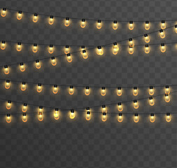 Fototapeta premium Christmas string lights PNG. Silver realistic garland with luminous white bulbs and glowing LED lamps. Xmas decoration isolated on transparent background. Vector illustration. 