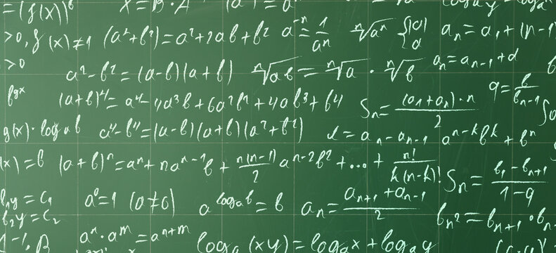 Chalkboard with mathematical equations as background, banner design