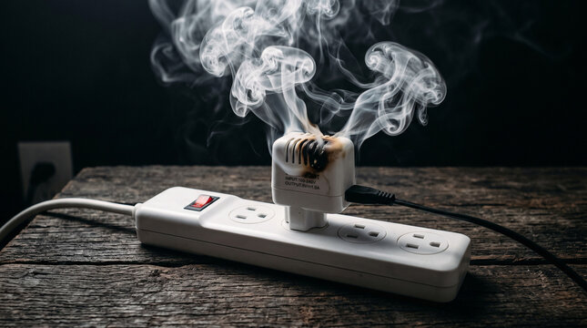 Burning electrical plug on a power strip emitting thick smoke representing a fire hazard