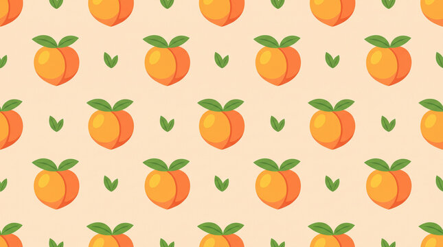 Seamless vector pattern of ripe peaches with green leaves on light peach background for packaging design with copy space
