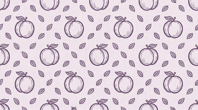 Seamless vintage pattern of purple peaches with leaves in line art style on pastel lavender textured background with copy space