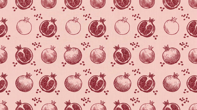 Seamless vector pattern of hand drawn pomegranates with seeds in sketch engraving style on light dusty pink background for vintage packaging design with copy space