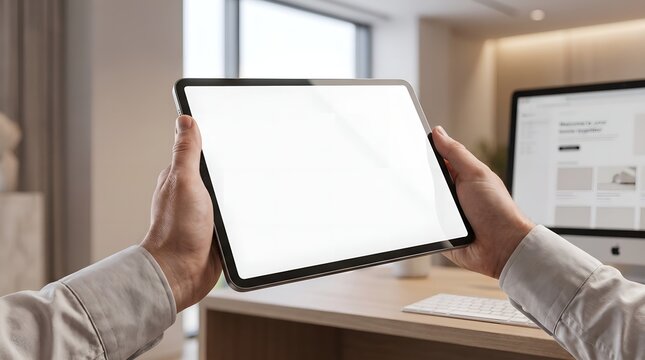 Person holding a blank screen tablet for digital marketing mockup in