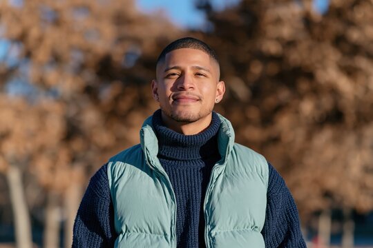 Young man portrait outdoors in blue turtleneck and mint puffer vest for autumn lifestyle background and headshot usage