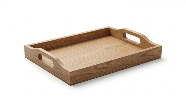 Wooden serving tray with handles, oak wood breakfast platter, empty kitchen food server mockup