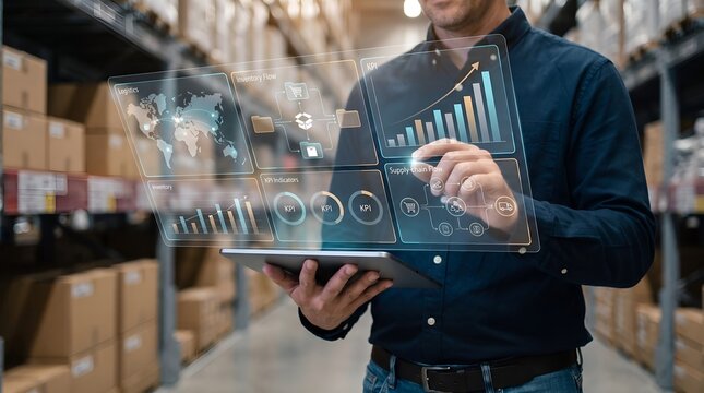 Warehouse manager using digital tablet with holographic supply chain