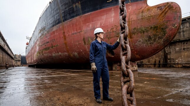 Maritime Inspection, A marine inspector examines a massive anchor chain in a dry dock
