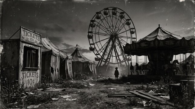 Vintage spooky abandoned carnival at night with a small child silhouette standing near a ferris wheel ticket booth and old carousel, eerie black and white halloween atmosphere