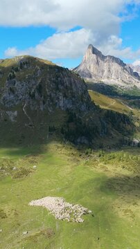 Vertical video, aerial  view across the green Mondeval alpine basin toward the massive rock walls of Lastoi de Formin near Passo Giau in the Italian Dolomites.