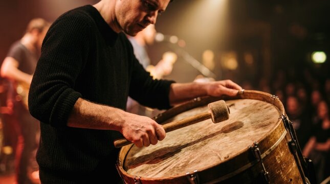 Male Musician Playing Large Bass Drum During Live Stage Performance