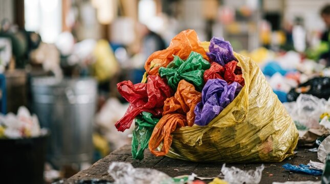 Colorful Used Plastic Bags Collected for Sorting and Recycling at Waste Facility