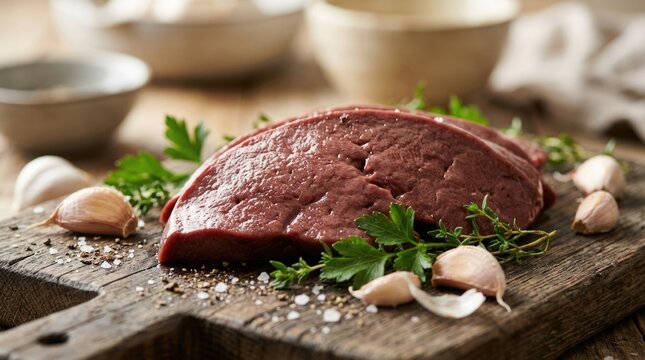 Fresh Raw Beef Liver with Garlic Herbs and Spices on Rustic Wooden Board