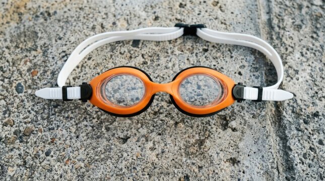 Orange Swimming Goggles with White Strap on Textured Concrete Surface