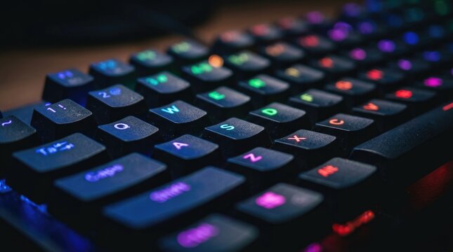 Close Up of Colorful Backlit Computer Keyboard in Dark Gaming Setup