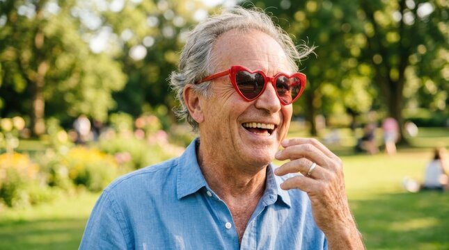 Cheerful Senior Man Wearing Red Heart Shaped Sunglasses in Sunny Park