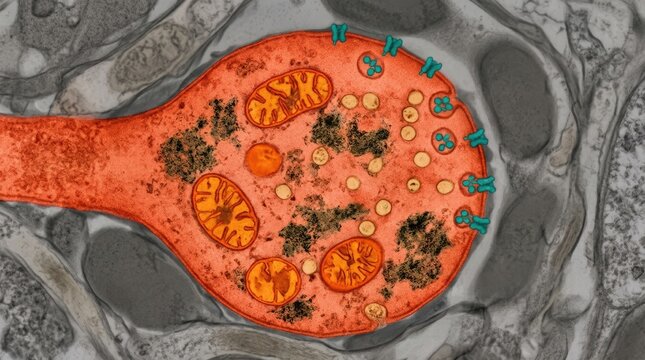 Axon terminal destruction from methamphetamine exposure, showing dopamine synapse neurotoxicity, mitochondrial damage, disrupted cristae, cellular vesicle reduction, neuronal oxidative stress.