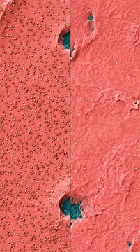 D2 dopamine receptor downregulation, postsynaptic membrane density comparison showing healthy tissue versus chronic cocaine exposure depletion, microscopic view of cellular addiction pathobiology.