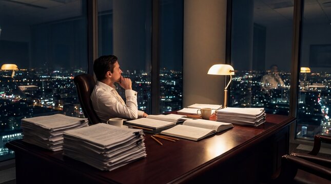 Late Night Office Labor, A dedicated professional reflects during a quiet night of paperwork