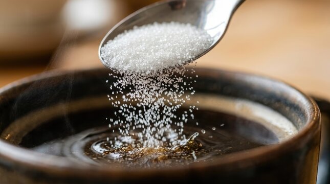Granulated Sugar Falling from Spoon into Hot Beverage Close Up
