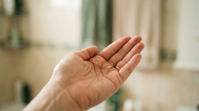Close Up of Woman Holding Fallen Hair in Hand at Home