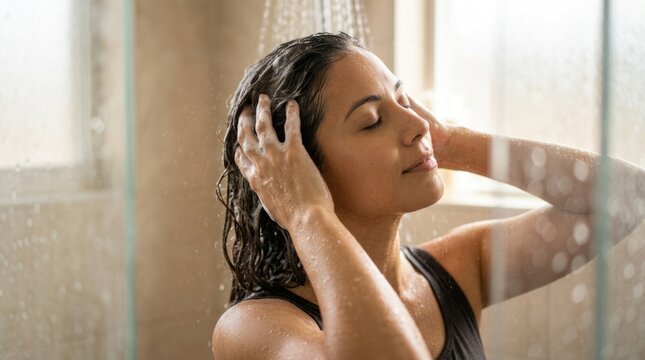 Relaxed Woman Washing Her Hair Under Warm Shower Water During Morning Personal Care Routine