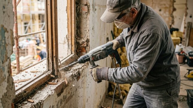 Construction Worker Using Rotary Hammer Drill During Window Renovation in Old Building Interior