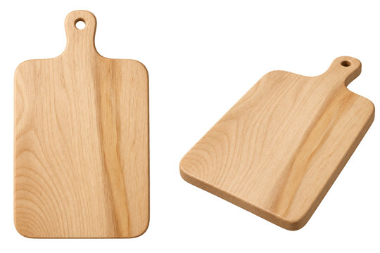 Natural Wooden Cutting Board with Handle in Two Views on Transparent Background