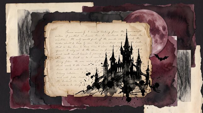 Generative AI mixed-media collage featuring an aged Victorian manuscript page with an abstract black ink silhouette inspired by Bram Stoker and gothic literature.