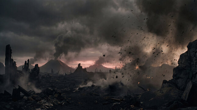 Apocalyptic Volcanic Eruption with Dark Smoke and Flying Debris over Ruined Landscape