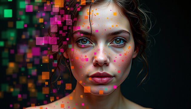 Vibrant Pixel Art Portrait with Colorful Squares on Face