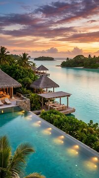 Luxury infinity pool overlooking tropical lagoon with thatched roof bungalows at sunset in bora bora french polynesia