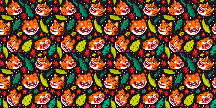 Asian seamless pattern with smiling tiger faces on black background. Cartoon tiger illustration with tropical leaves for fabric and wrapping paper. Drag to swatches panel to use