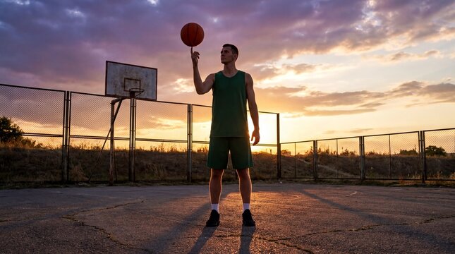 Basketball Mastery, An athlete spins a basketball on one finger during a vibrant sunset