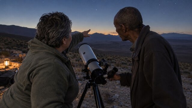 Two people are looking through a large telescope set up outdoors at twilight over a distant range of mountains, the setting suggests an astronomical observation session near rugged terrain