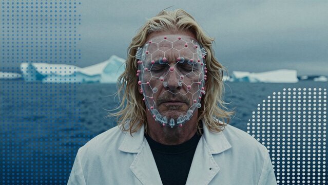 Scientist with Futuristic Face Mask Over Arctic Ocean