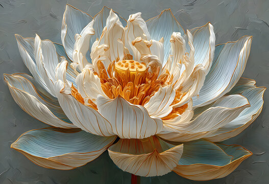 White lotus flower wallpaper on gray texture. Elegant mural with 3D embossed flowers. Abstract botanical illustration for art prints.