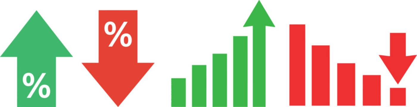 Set of financial business icons showing growth and decline trends with percentage signs and bar chart graphs