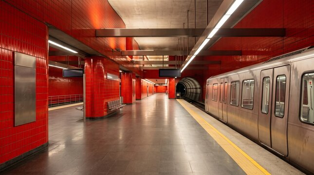 Empty subway station with red tiles and a train at the platform