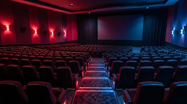 Empty cinema hall with red and blue lighting and a large screen