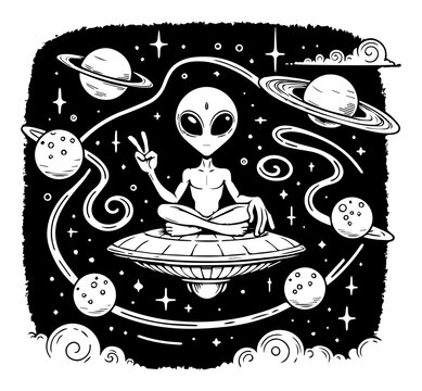 Alien meditating on a flying saucer among planets